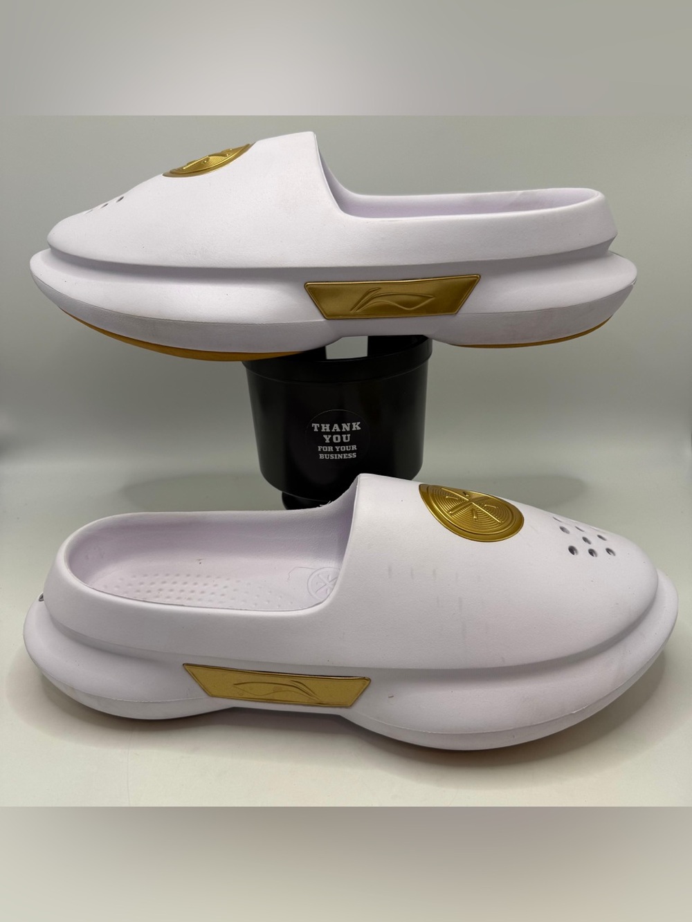 Li-Ning WOW Recovery Slides White Gold Cushioned Comfort Clogs Unisex 305mm